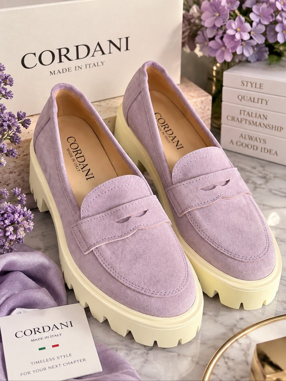 Cordani Lavender Suede Penny Loafers Cream Platform Size 6.5 37EU Made In Italy